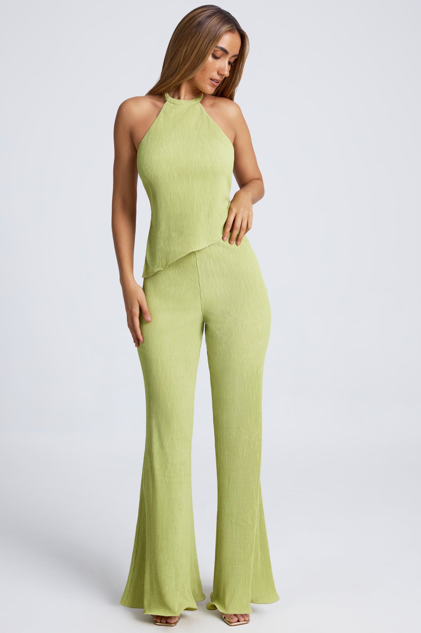 Open-Back Asymmetric Halterneck Top in Olive Green